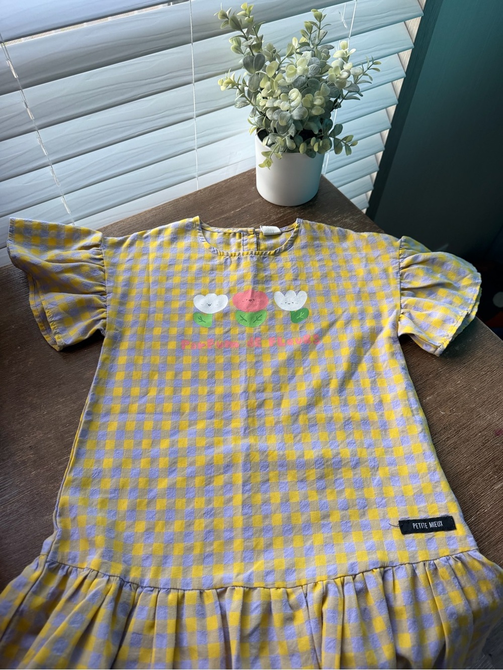 Yellow & Lavender Gingham Girls' Floral Tee Dress